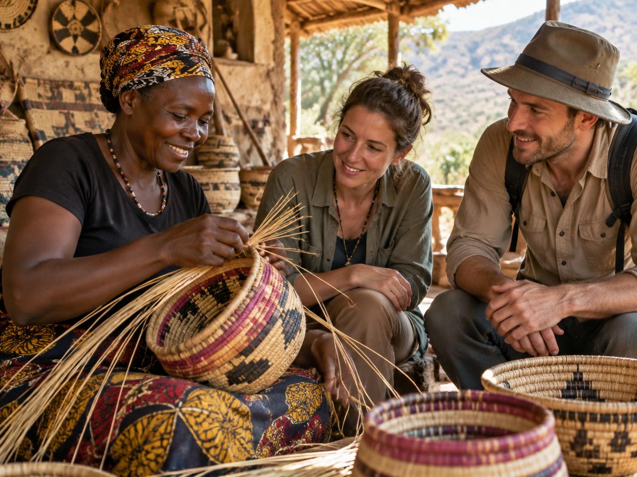 African basket maker sharing her craft with travelers