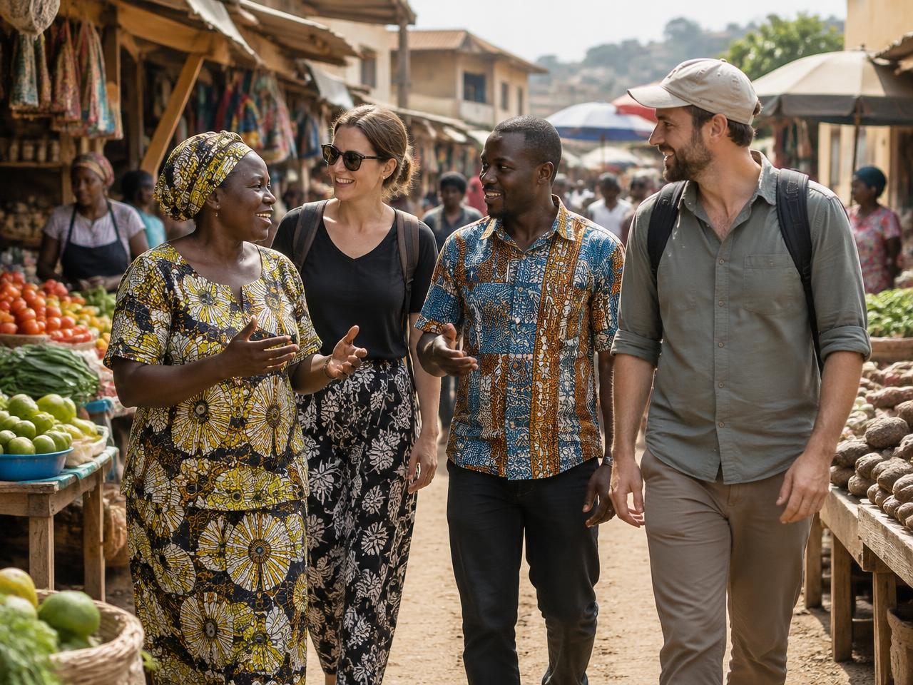 Travelers exploring an African market with local hosts